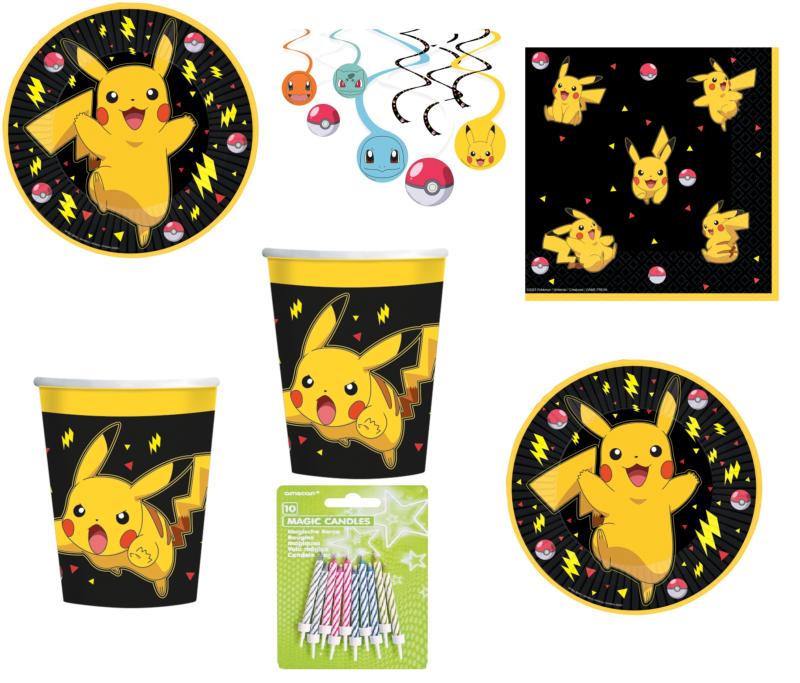 Pack décoration ( cde 6 ) Assiettes ,Serviettes, Gobelets ,Bougies, une suspension Anniversaire 16 personnes pokemon