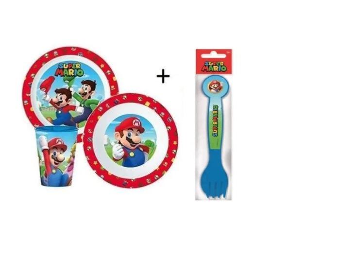 Coffret repas bébé Mario, Service de Table ( 265 Ml) Enfant avec Assiette, Bol à céréales et gobelet réutilisables + couverts